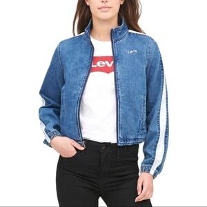 New! Levi’s Coaches Tracker Cropped Bomber Denim Jean Biker Moto Jean Jacket
